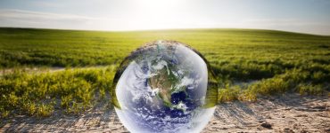 a sphere with the earth reflected in it against a background of grass and sand